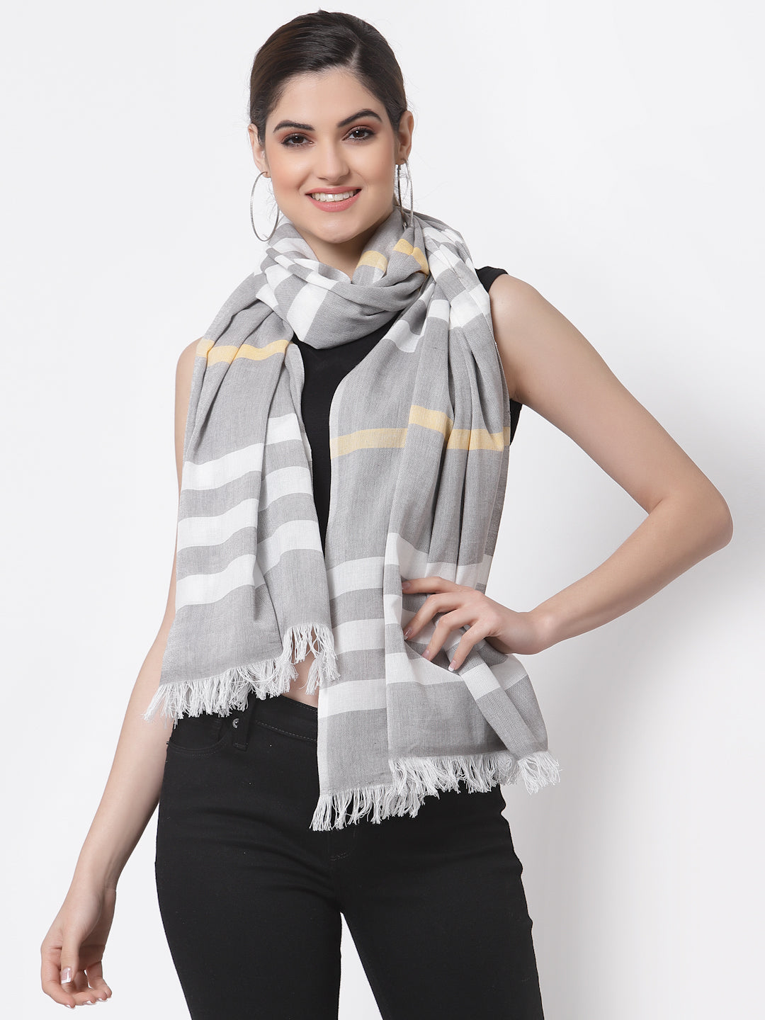 Arrabi Grey Stripes Handwoven Cotton Full Size Stole (185 x 85 cm)