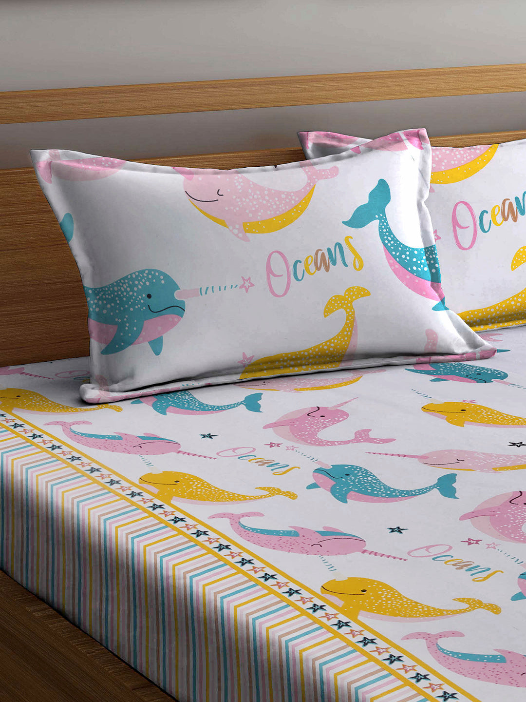 Arrabi White Cartoon TC Cotton Blend Double Size Bedsheet with 2 Pillow Cover