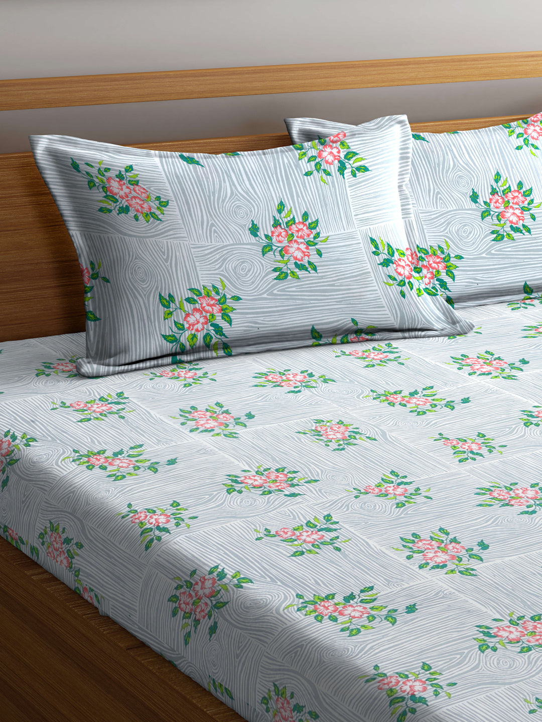 Arrabi Grey Floral TC Cotton Blend King Size Fitted Bedsheet with 2 Pillow Covers(250 X 215 Cm )