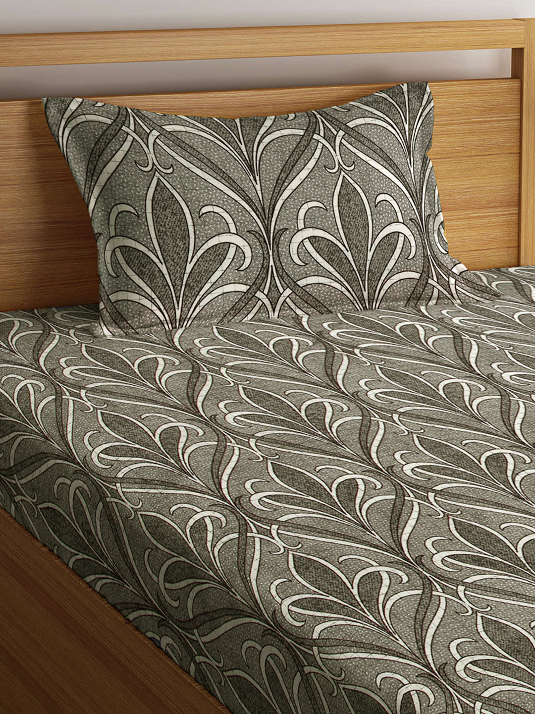 Arrabi Grey Floral TC Cotton Blend Single Size Fitted Bedsheet with 1 Pillow Cover (220 X 150 cm)