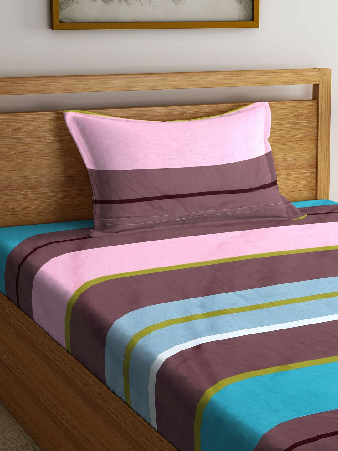 Arrabi Multi Stripes TC Cotton Blend Single Size Bedsheet with 1 Pillow Cover (220 X 150 cm)