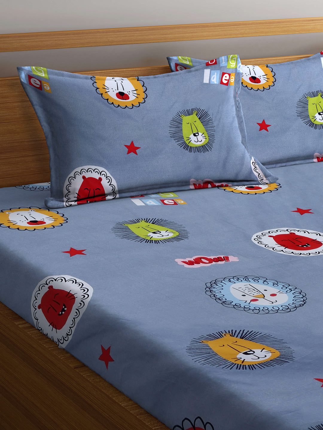 Arrabi Grey Cartoon TC Cotton Blend King Size Bedsheet with 2 Pillow Covers (250 X 215 cm)