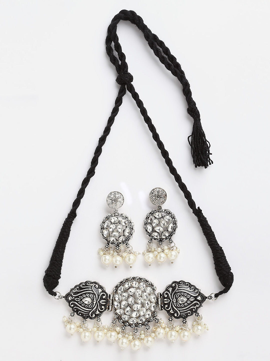 Arrabi Metallic Oxidised Jewellery Set with 2 Earrings (40 cm)