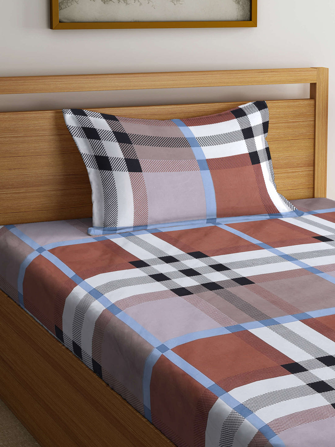 Arrabi Multi Checks TC Cotton Blend Single Size Bedsheet with 1 Pillow Cover (220 X 150 cm)