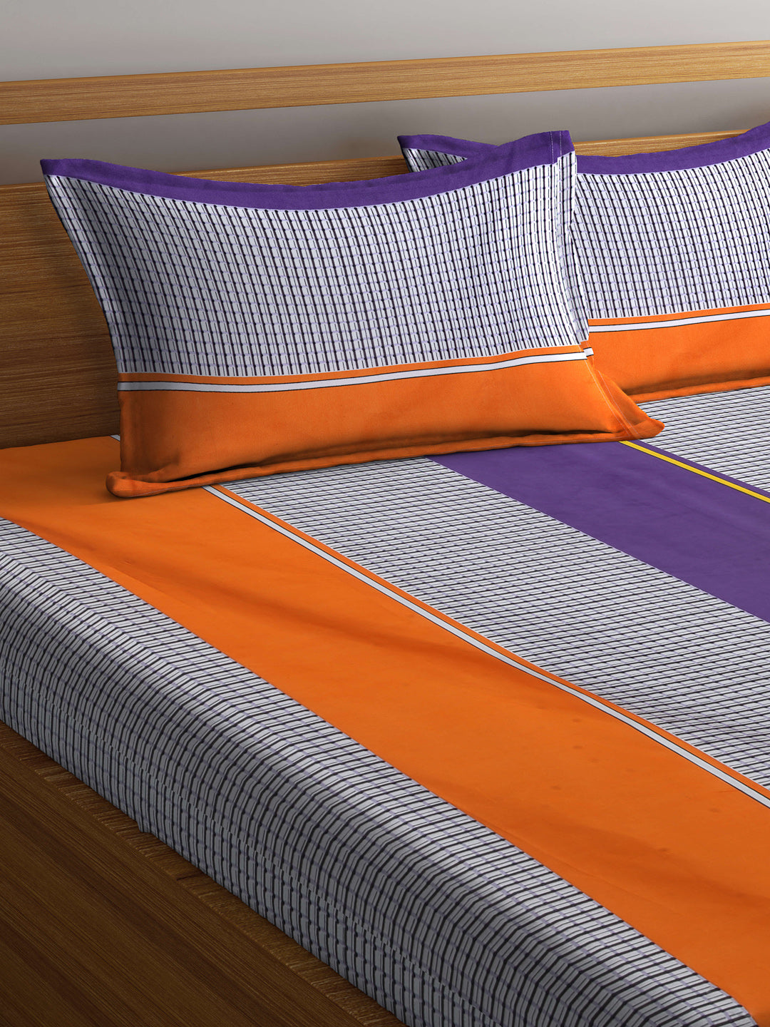 Arrabi Multi Geometric TC Cotton Blend King Size Fitted Bedsheet with 2 Pillow Covers (250 X 215 Cm )