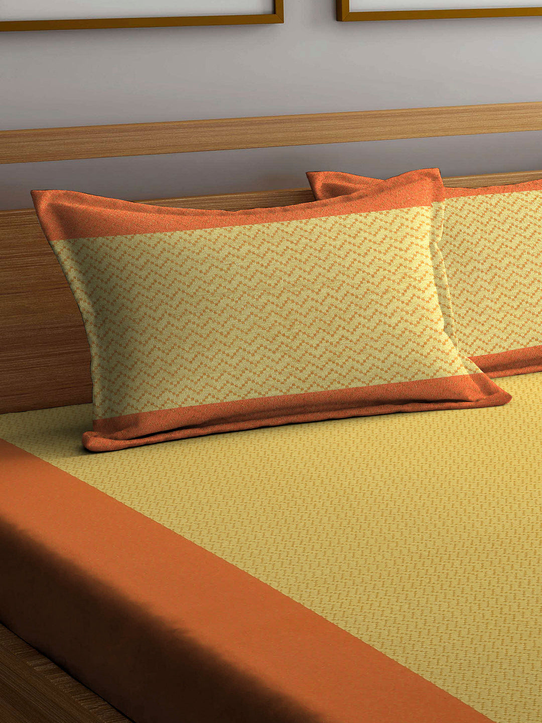 Arrabi Orange Stripes Handwoven Cotton King Size Bedsheet with 2 Pillow Covers (260 X 230 cm)
