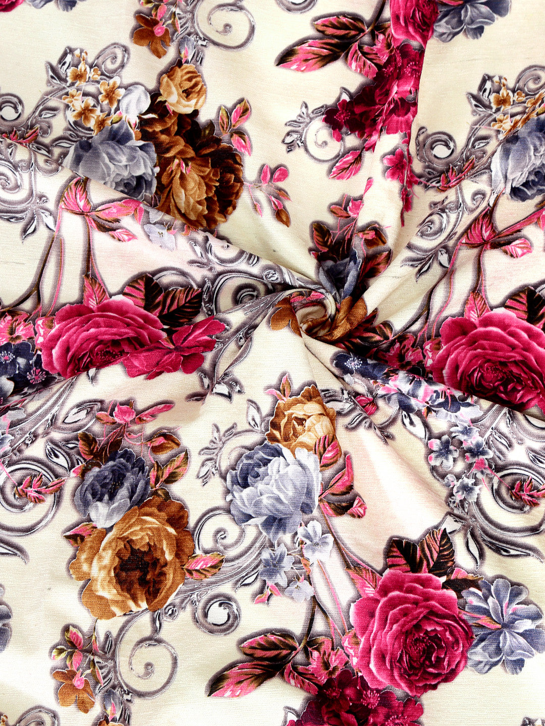 Arrabi Cream Set of 6 Floral Handwoven Chenille Diwan Set (225 x150 cm)
