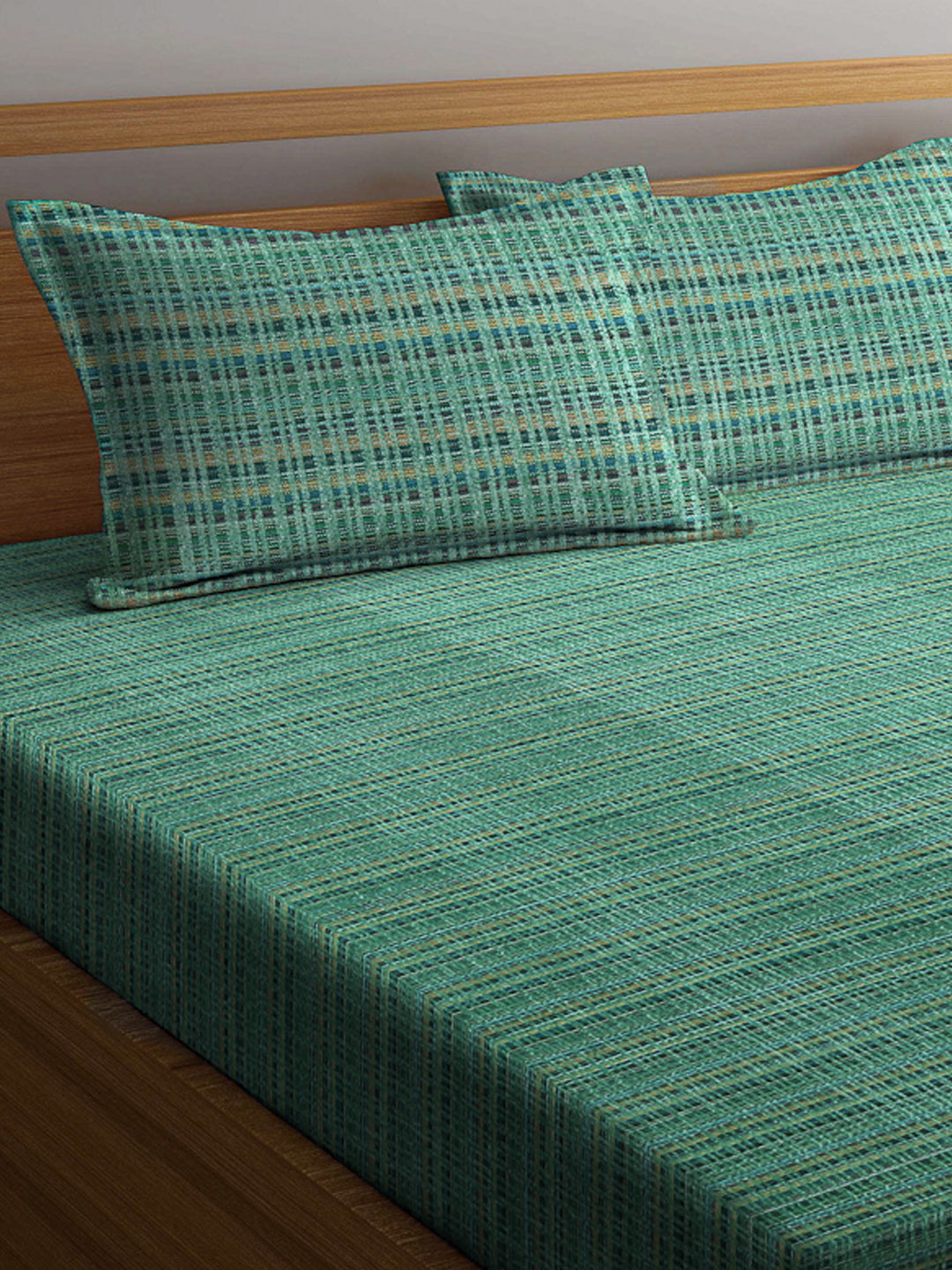 Arrabi Green Stripes Handwoven Cotton King Size Bedsheet with 2 Pillow Covers (260 X 230 cm)