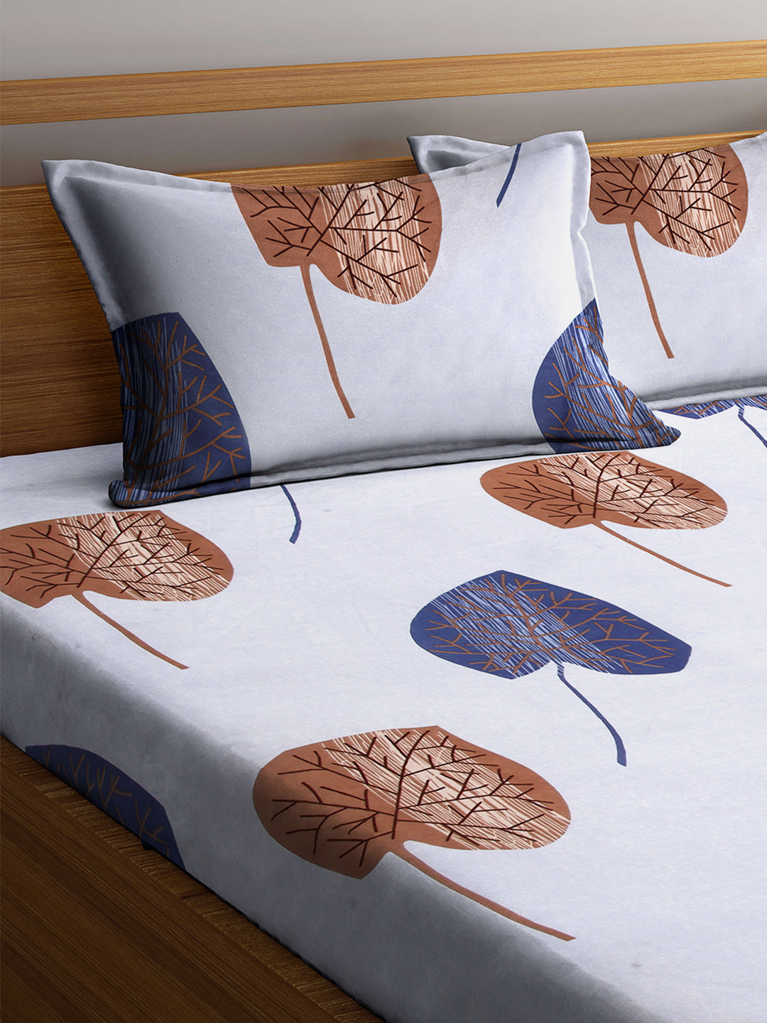 Arrabi Blue Leaf TC Cotton Blend Double Size Fitted Bedsheet with 2 Pillow Cover ( 250 x 225 cm)