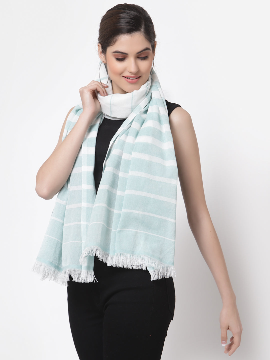 Arrabi Green Stripes Handwoven Cotton Full Size Stole (185 x 85 cm)