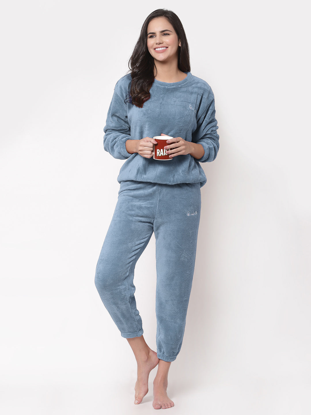 Arrabi Women SkyBlue Wool Blend Solid Winter Night Suit