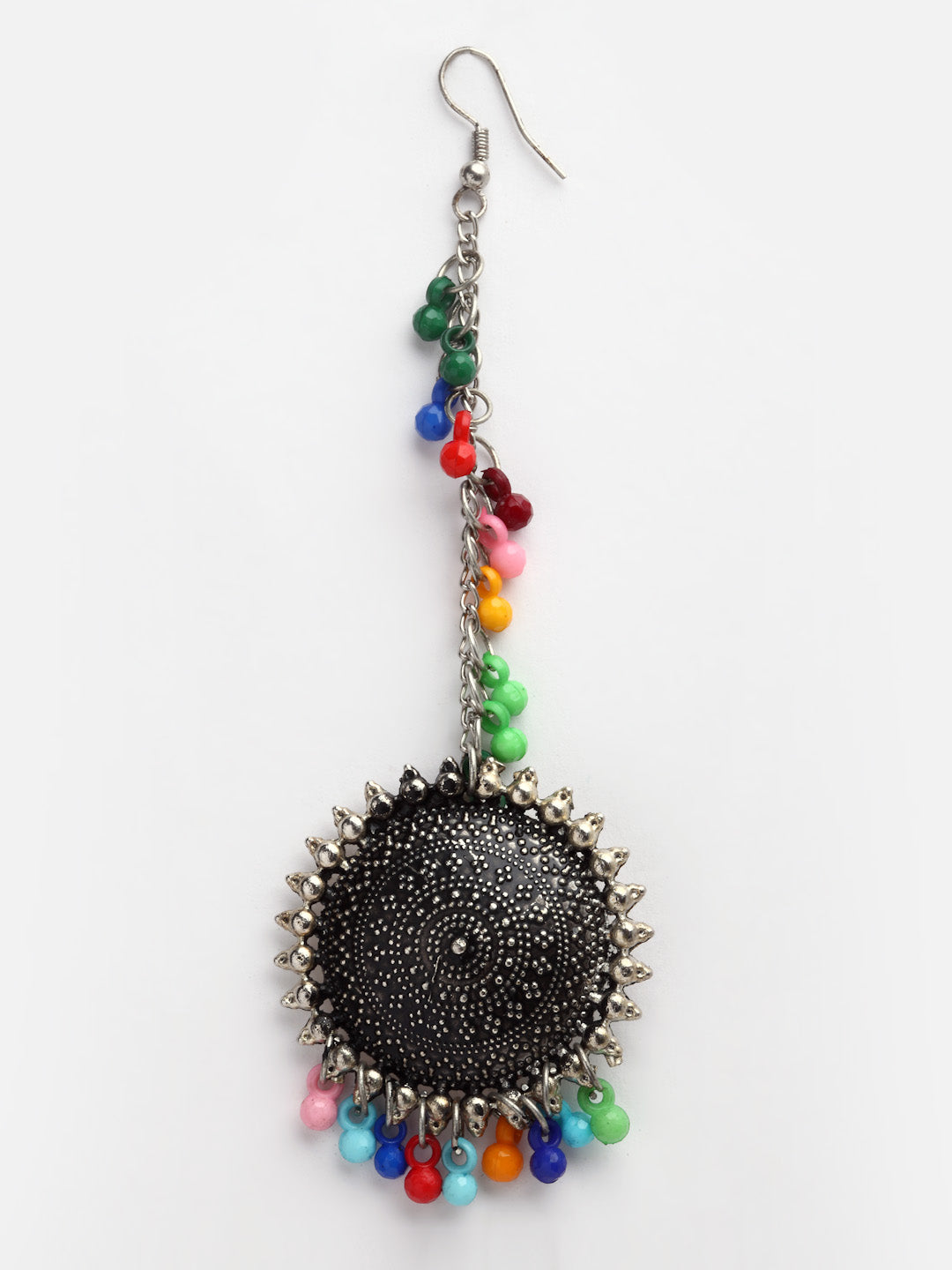 Arrabi Metallic Oxidised Kundan Studded Maang Tika & Earrings Set (17 cm)