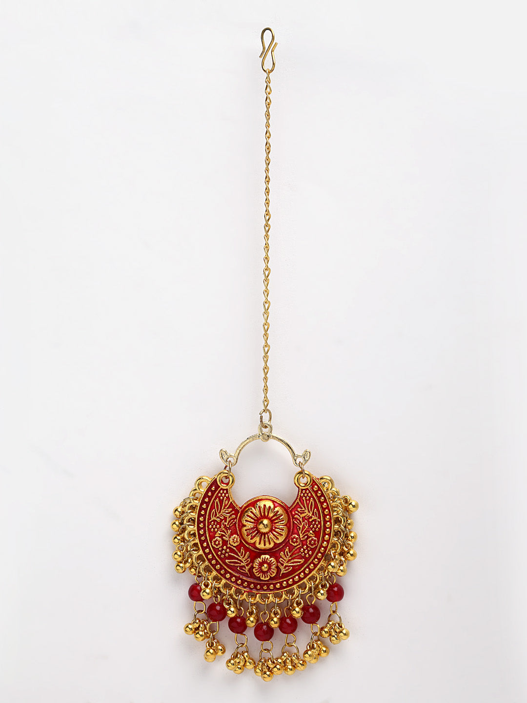 Arrabi Red Oxidised Kundan Studded Maang Tika & Earrings Set (17 cm)