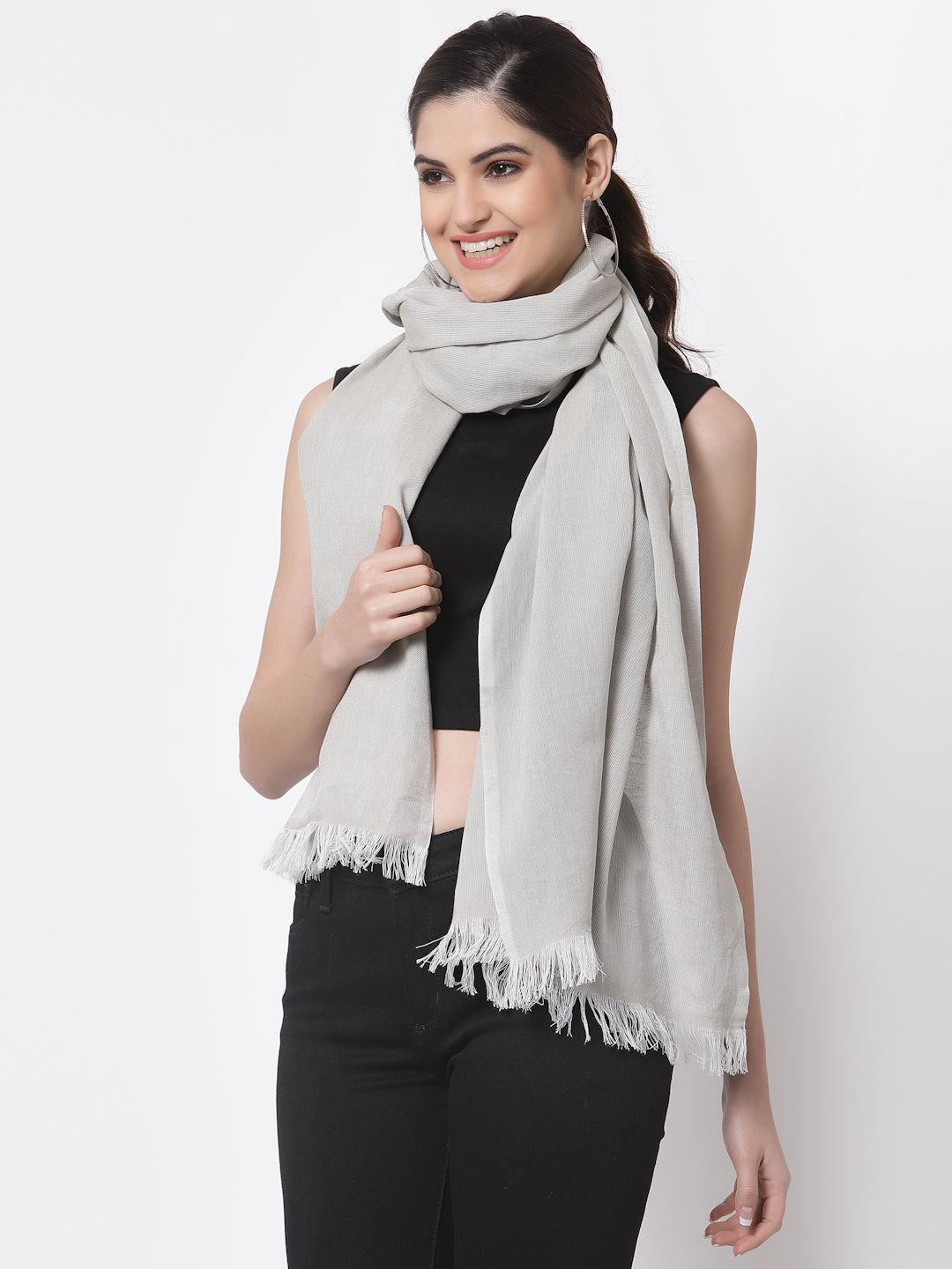 Arrabi Grey Solid Handwoven Cotton Full Size Stole (185 x 85 cm)