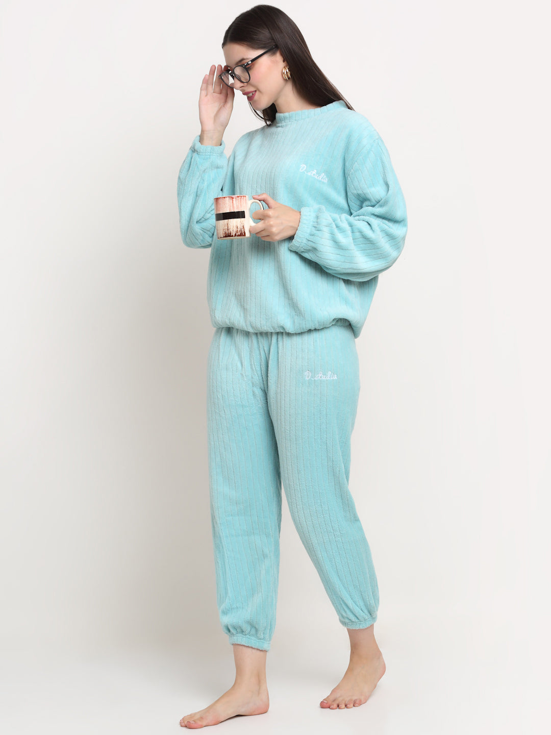 Arrabi Women Turquoise Wool Blend Stripes Winter Night Suit