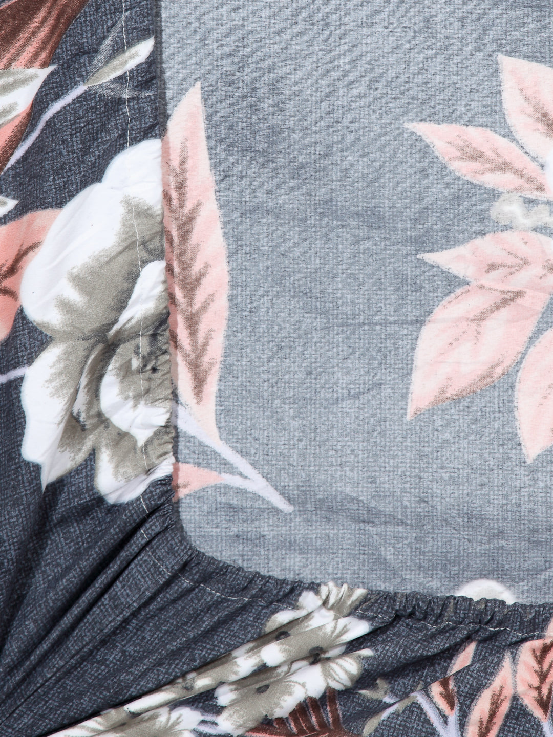Arrabi Grey Floral TC Cotton Blend Single Size Fitted Bedsheet with 1 Pillow Cover (220 X 150 cm)