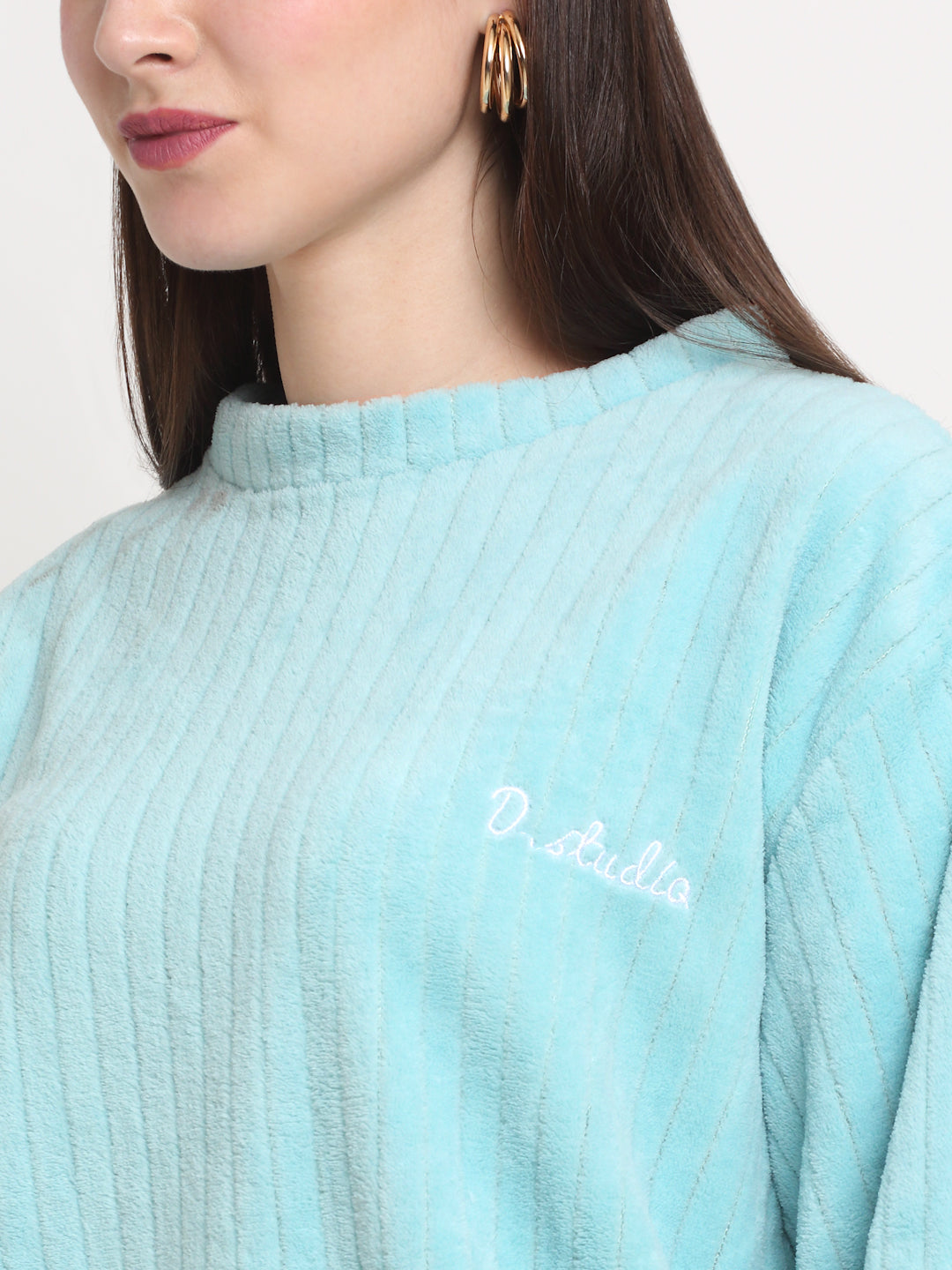 Arrabi Women Turquoise Wool Blend Stripes Winter Night Suit