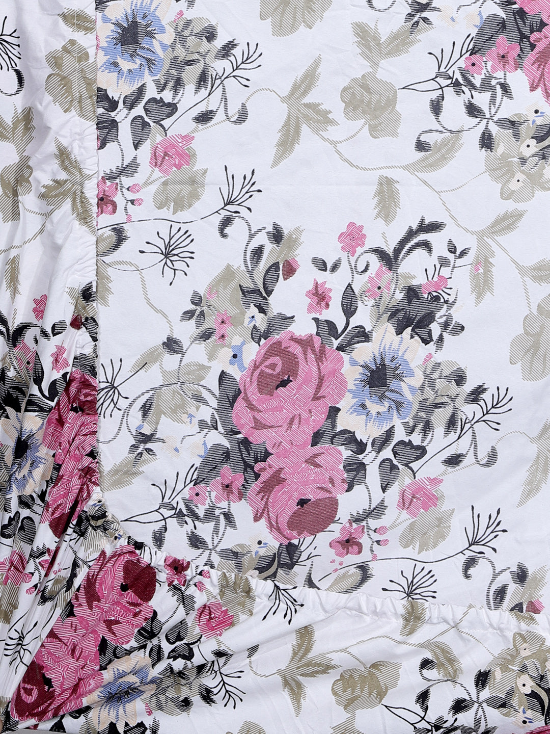 Arrabi White Floral TC Cotton Blend Single Size Fitted Bedsheet with 1 Pillow Cover (220 X 150 cm)