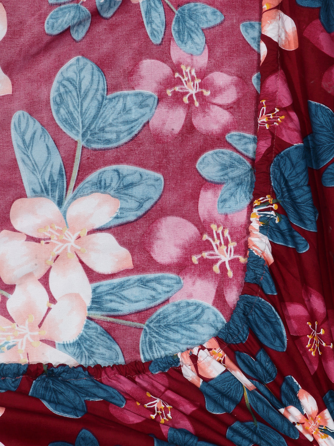 Arrabi Red Floral TC Cotton Blend King Size Fitted Bedsheet with 2 Pillow Covers (250 X 220 Cm )