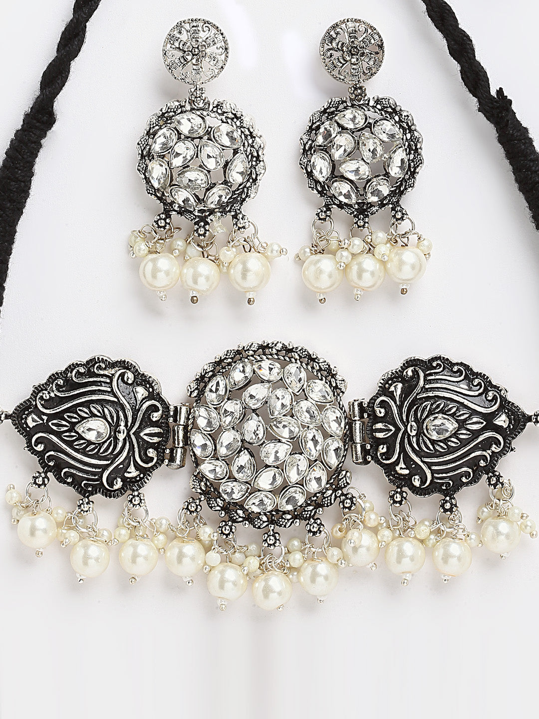 Arrabi Metallic Oxidised Jewellery Set with 2 Earrings (40 cm)