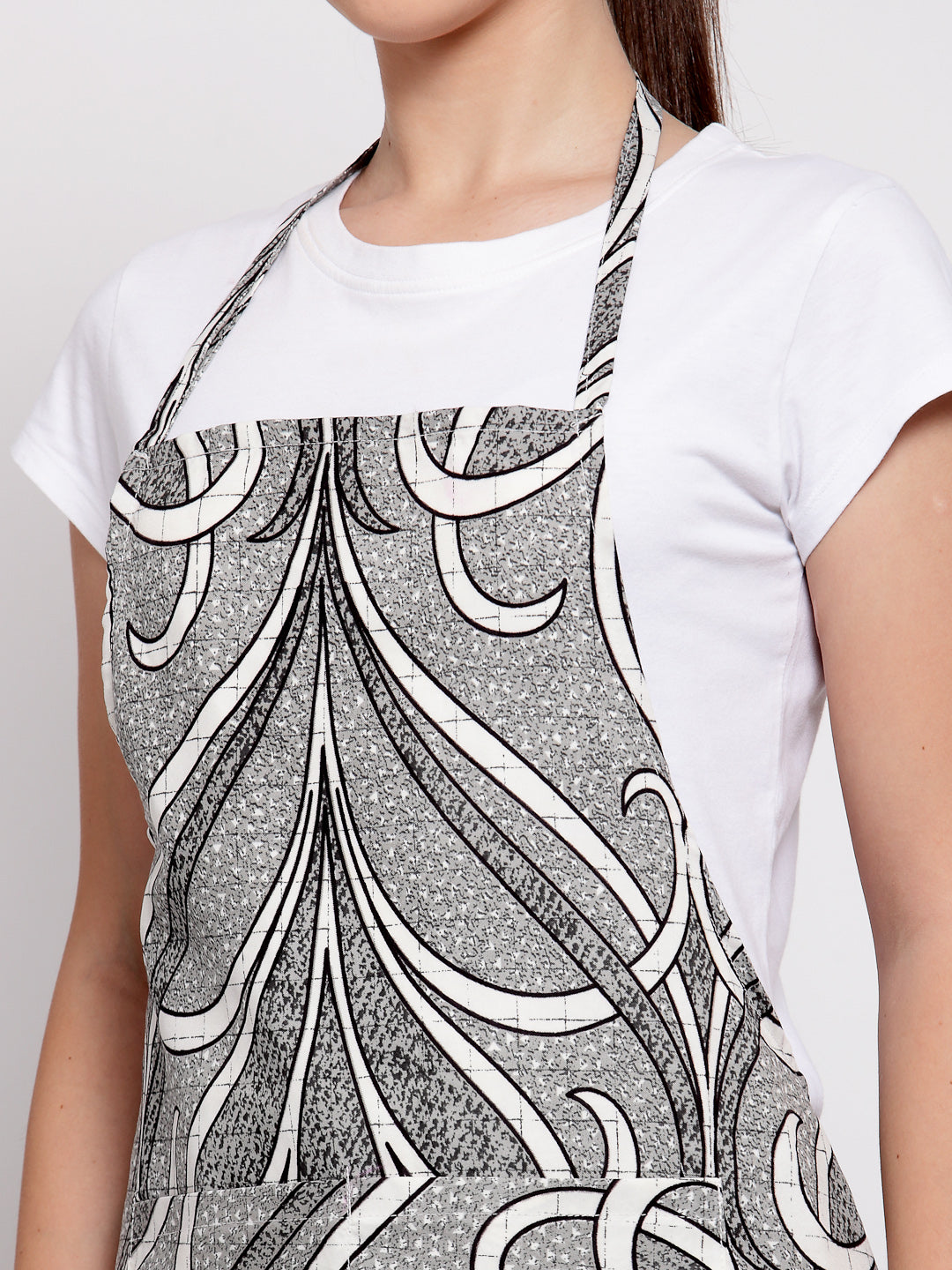Arrabi Grey Leaf Cotton Blend Apron With 2 Patch Pocket (85 x 70 cm)