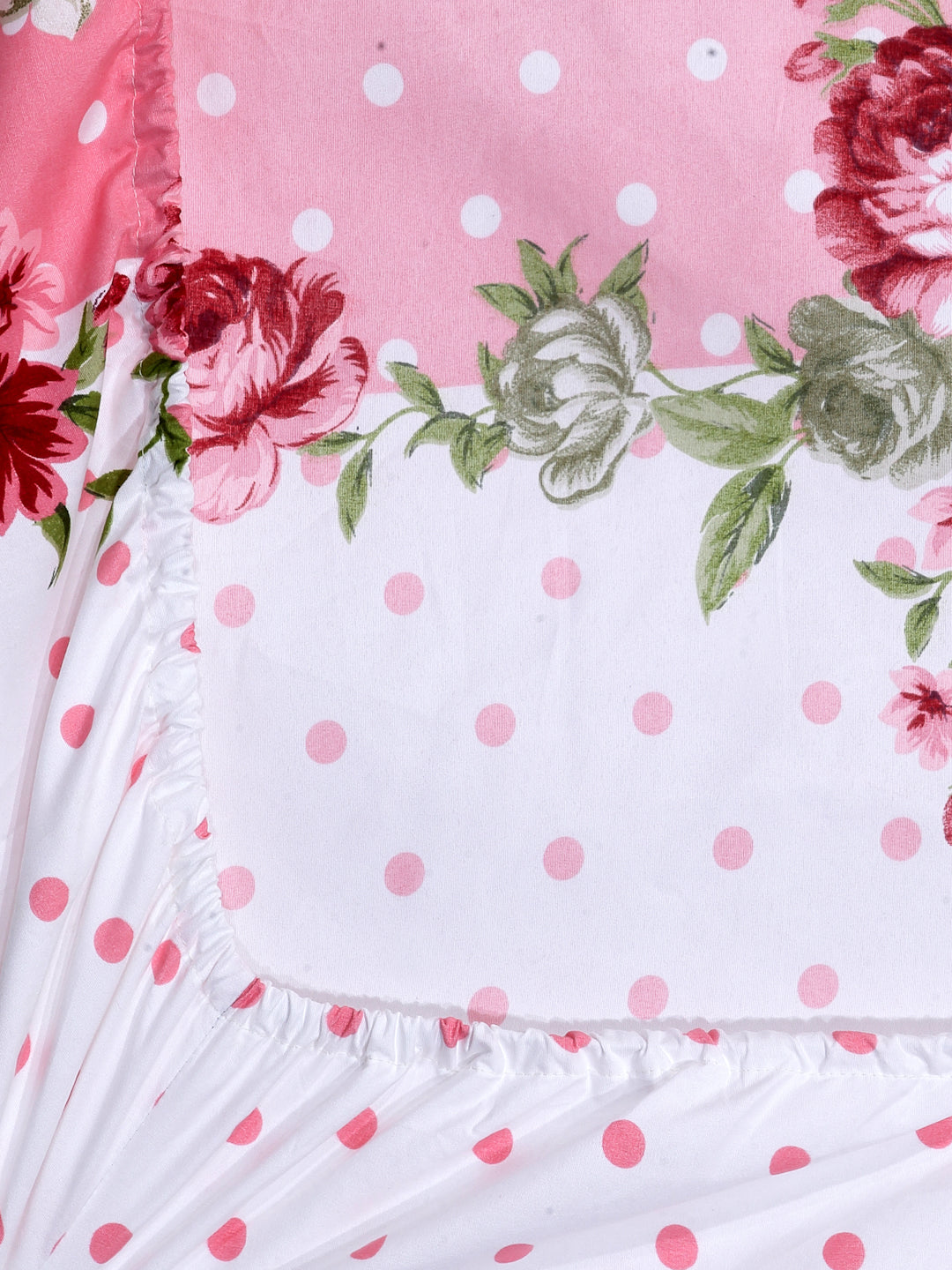 Arrabi Pink Floral TC Cotton Blend King Size Fitted Bedsheet with 2 Pillow Covers (250 X 215 Cm )
