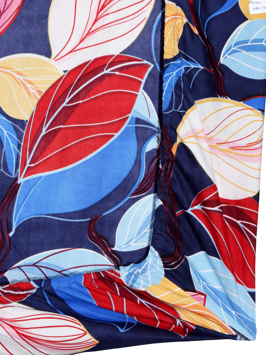 Arrabi Blue Leaf TC Cotton Blend Single Size Fitted Bedsheet with 1 Pillow Cover (220 X 150 cm)