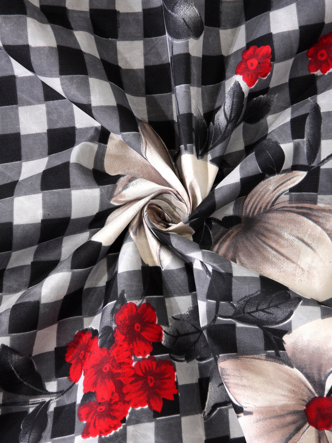 Arrabi Black Geometric TC Cotton Blend Double Size Fitted Bedsheet with 2 Pillow Covers (250 X 220 cm)