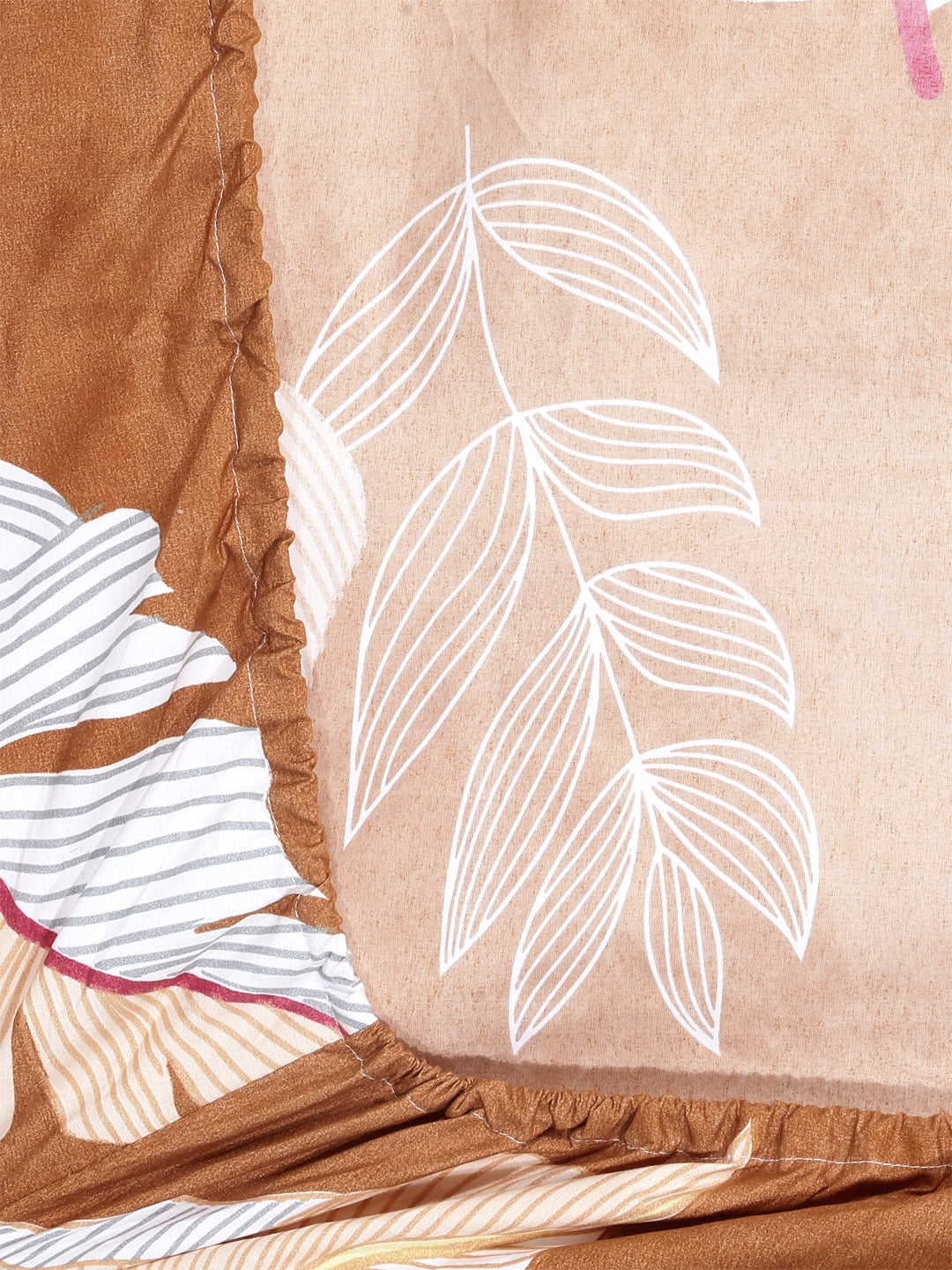 Arrabi Brown Leaf TC Cotton Blend Single Size Fitted Bedsheet with 1 Pillow Cover (220 X 150 cm)