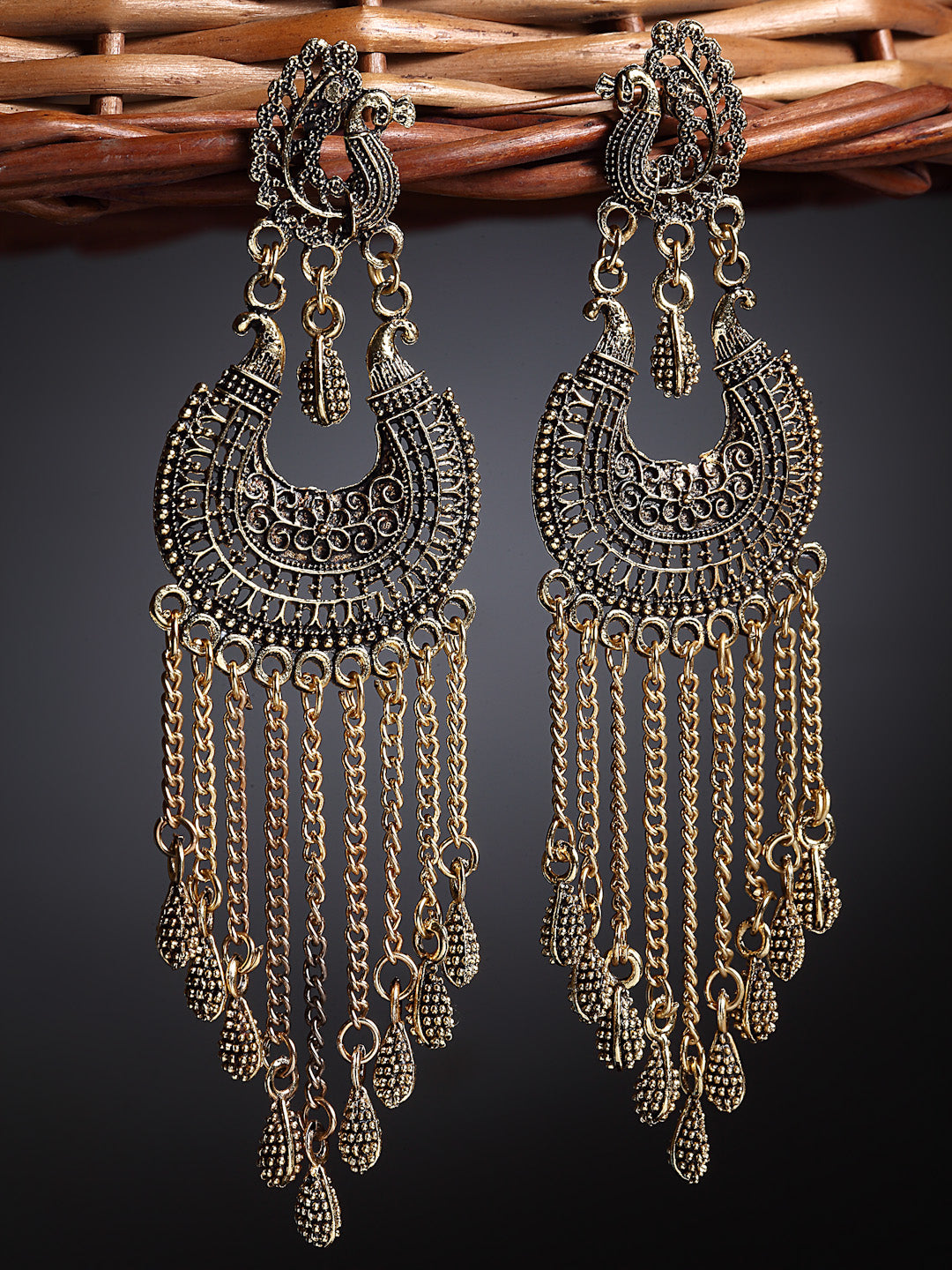 Arrabi Gold Oxidised Earrings (Set of 2) (10 cm)
