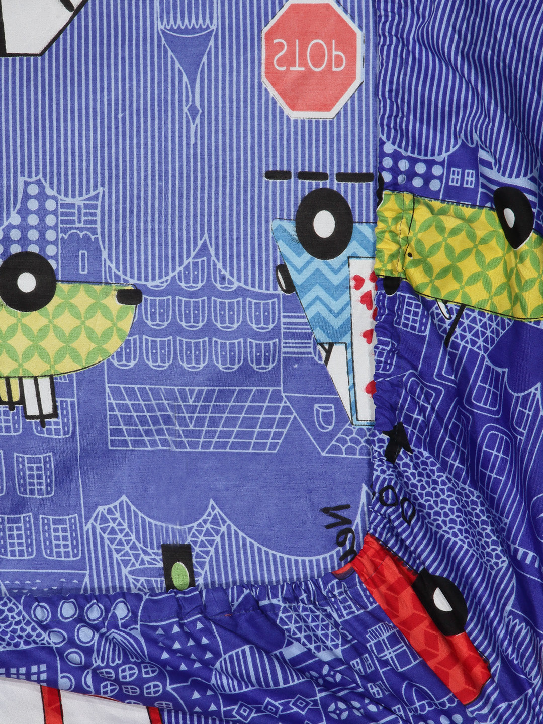 Arrabi Blue Cartoon TC Cotton Blend King Size Fitted Bedsheet with 2 Pillow Covers (250 X 220 Cm )