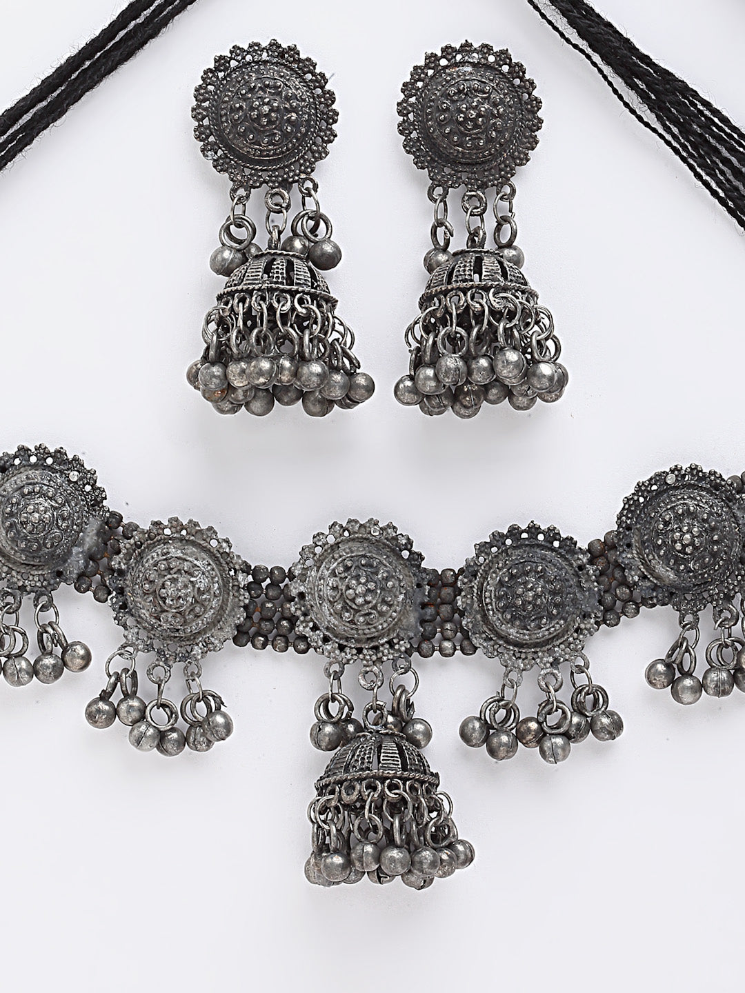 Arrabi Metallic Oxidised Jewellery Set with 2 Earrings (40 cm)