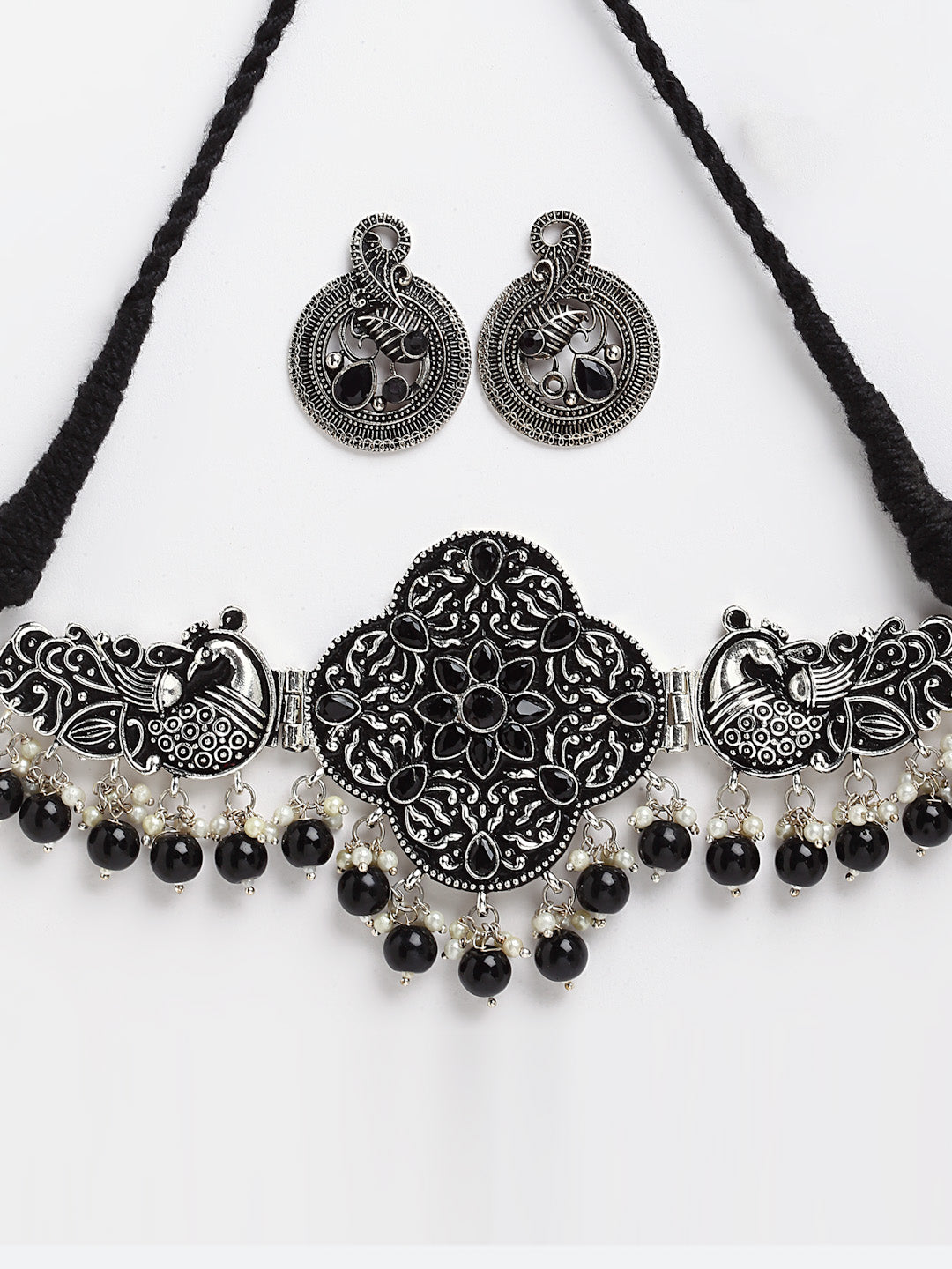 Arrabi Metallic Oxidised Jewellery Set with 2 Earrings (40 cm)