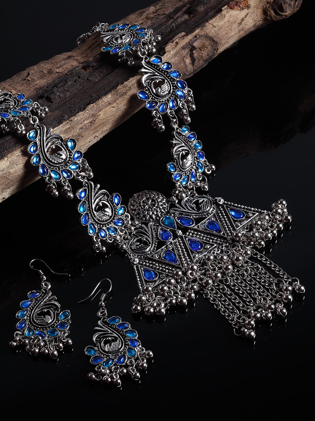 Arrabi Blue Oxidised Jewellery Set with 2 Earrings (30 cm)
