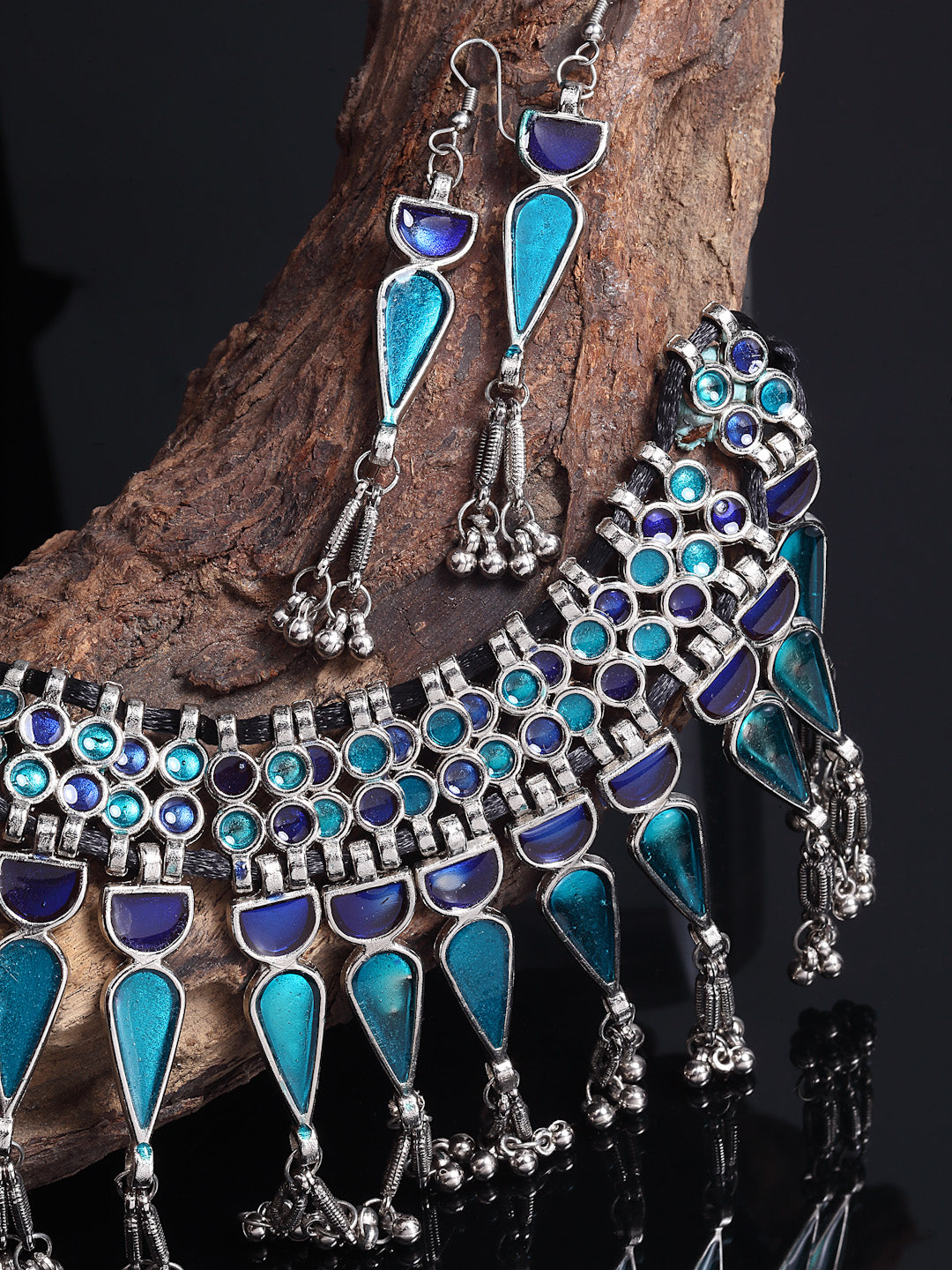 Arrabi Blue Meenakari Jewellery Set with 2 Earrings (40 cm)