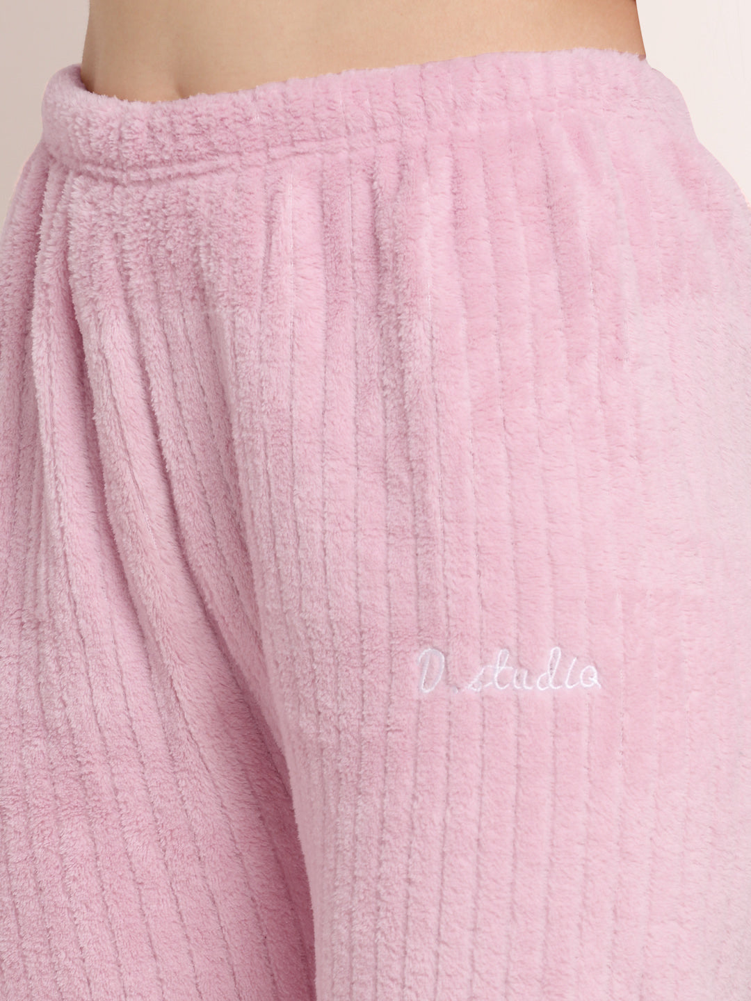 Arrabi Women Pink Wool Blend Stripes Winter Night Suit