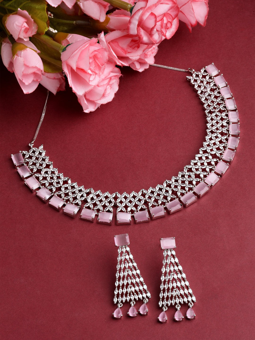 Arrabi Pink American Diamond Jewellery Set with 2 Earrings(30 cm)