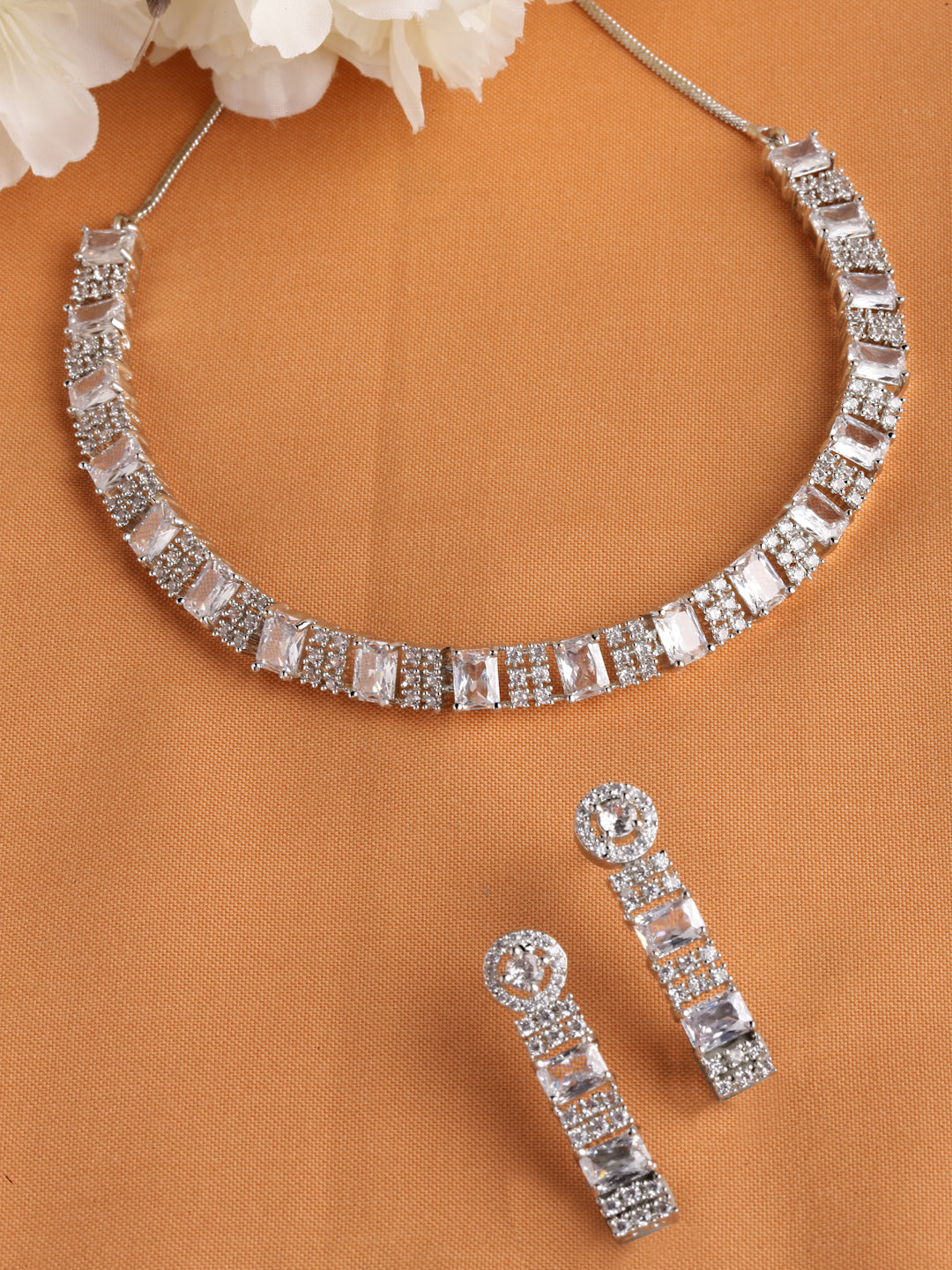 Arrabi White American Diamond Jewellery Set with 2 Earrings(30 cm)