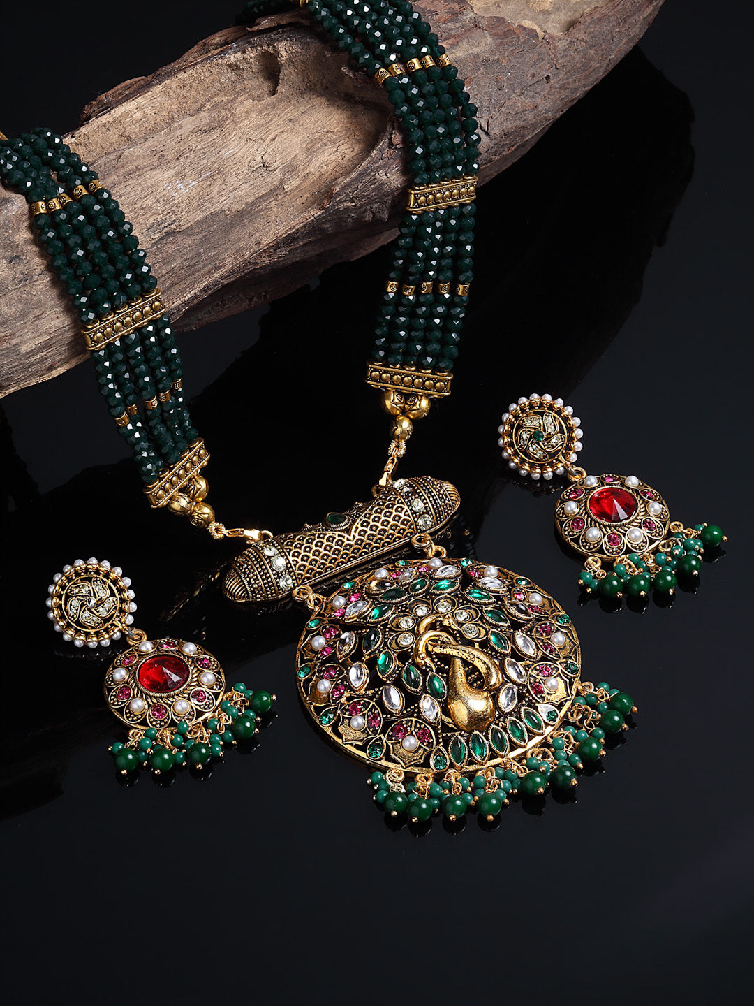 Arrabi Gold Oxidised Jewellery Set with 2 Earrings (30 cm)