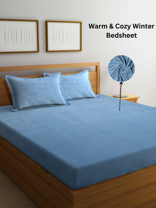 Arrabi Sky Blue Solid King Size Warm Woolen Bedsheet with 2 Pillow Covers