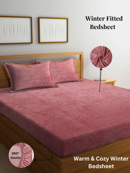 Arrabi Rust Solid King Size Warm Woolen Fitted Bedsheet with 2 Pillow Covers