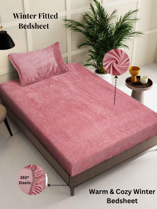Arrabi Rust Solid Single Size Warm Woolen Fitted Bedsheet with 1 Pillow Cover