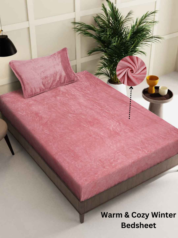 Arrabi Rust Solid Single Size Warm Woolen Bedsheet with 1 Pillow Cover