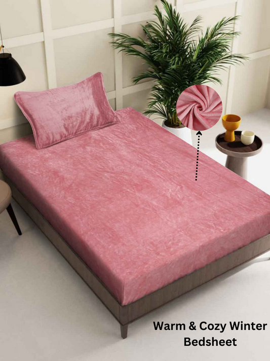 Arrabi Rust Solid Single Size Warm Woolen Bedsheet with 1 Pillow Cover
