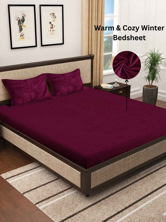 Arrabi Maroon Solid King Size Warm Woolen Bedsheet with 2 Pillow Covers