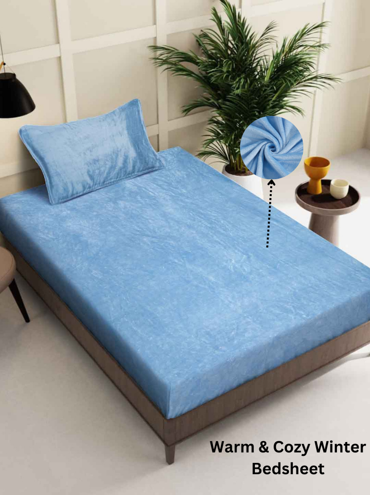 Arrabi SkyBlue Solid Single Size Warm Woolen Bedsheet with 1 Pillow Cover