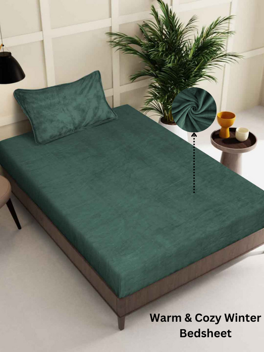 Arrabi Green Solid Single Size Warm Woolen Bedsheet with 1 Pillow Cover