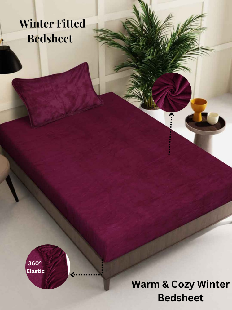 Arrabi Maroon Solid Single Size Warm Woolen Fitted Bedsheet with 1 Pillow Cover