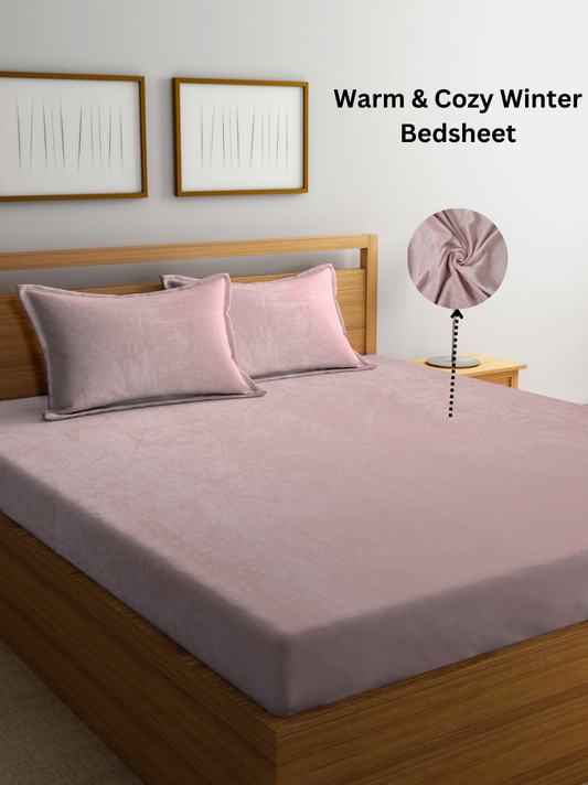 Arrabi Light Pink Solid King Size Warm Woolen Bedsheet with 2 Pillow Covers