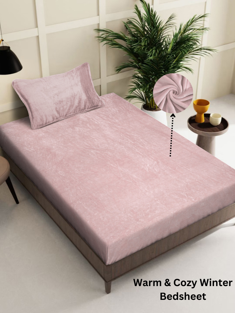 Arrabi Light Pink Solid Single Size Warm Woolen Bedsheet with 1 Pillow Cover